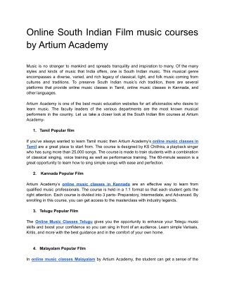 Online South Indian Flim music courses by Artium Academy