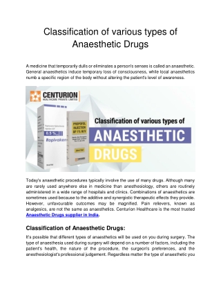 Classification of various types of Anaesthetic Drugs