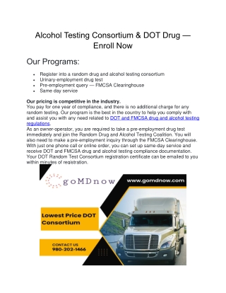 Alcohol Testing Consortium & DOT Drug — Enroll Now