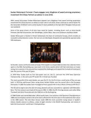 Sauber Motorsport Formula 1 Team engages Larry Woghiren of award winning proprietary investment firm Eliseo Partners as