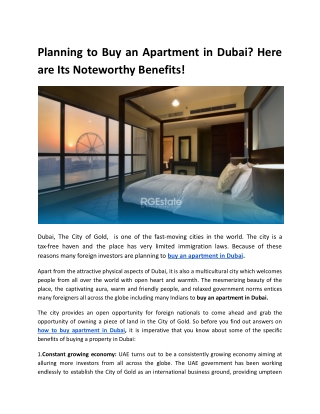 Planning to Buy an Apartment in Dubai Here are Its Noteworthy Benefits!