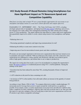 VCC Study Reveals IP-Based Remotes Using Smartphones Can Have Significant Impact on TV Newsroom Speed and Competitive Ca