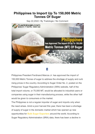 Philippines to Import Up To 150,000 Metric Tonnes Of Sugar