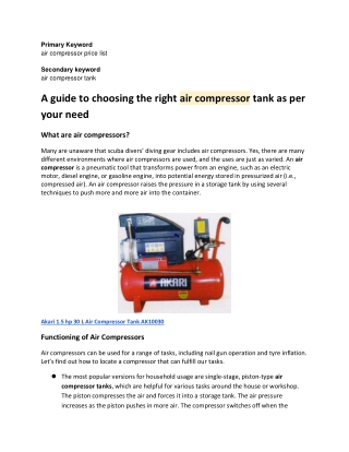 A guide to choosing the right air compressor tank as per your need