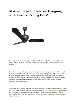 Master the Art of Interior Designing with Luxury Ceiling Fans