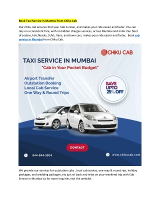 Book Taxi Service in Mumbai from Chiku Cab