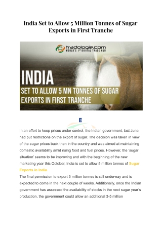 India Set to Allow 5 Million Tonnes of Sugar Exports in First Tranche