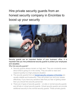 Hire private security guards from an honest security company in Encinitas to boost up your security