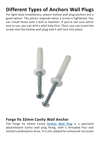 Different Types of Anchors Wall Plugs