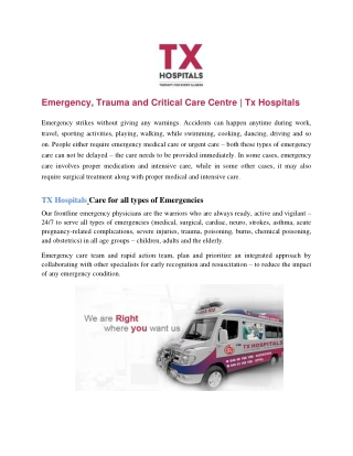 Emergency, Trauma and Critical Care Centre | Tx Hospitals