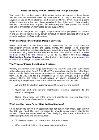Know the Many Power Distribution Design Services