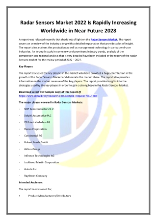 Global Radar Sensors Market Opportunities and Forecast 2020-2027