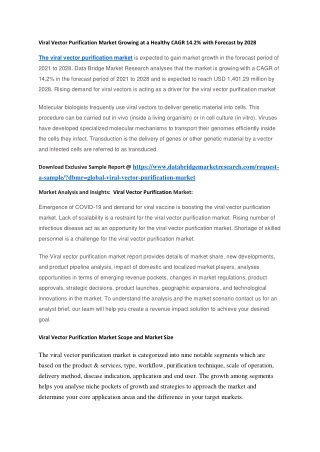 Viral Vector Purification Market Growing at a Healthy CAGR 14.2 with Forecast by 2028