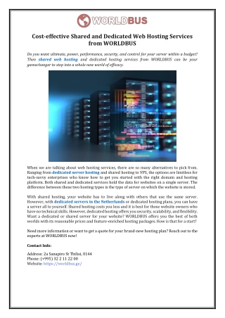 Cost-effective Shared and Dedicated Web Hosting Services from WORLDBUS
