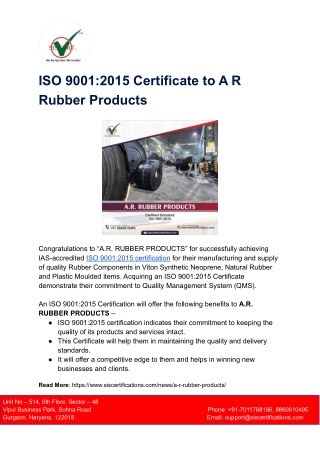 ISO 9001_2015 Certificate to A R Rubber Products