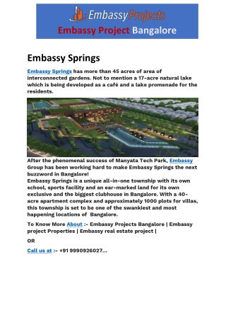 Embassy Springs | Top Best Embassy Real estate project and services in India