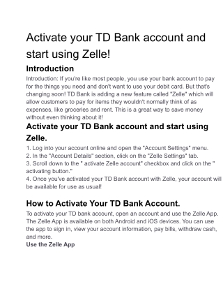 Activate your TD Bank account and start using Zelle!