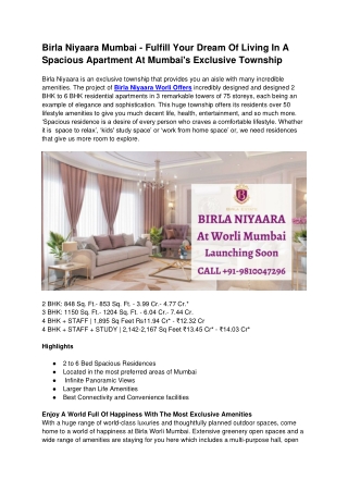 Birla Niyaara Mumbai - Fulfill Your Dream Of Living In A Spacious Apartment