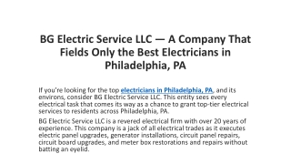 BG Electric Service LLC — A Company That Fields Only the Best Electricians
