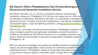 BG Electric Offers Philadelphians Fast 24-HoursEmergency Electrical