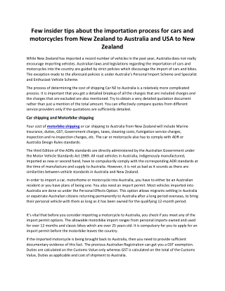 Few insider tips about the importation process for cars and motorcycles from New Zealand to Australia and USA to New Zea