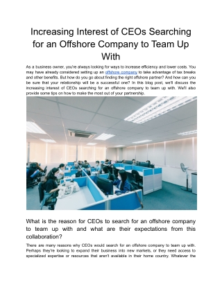 Increasing Interest of CEOs Searching for an Offshore Company to Team Up With