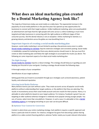 What does an ideal marketing plan created by a Dental Marketing Agency look like