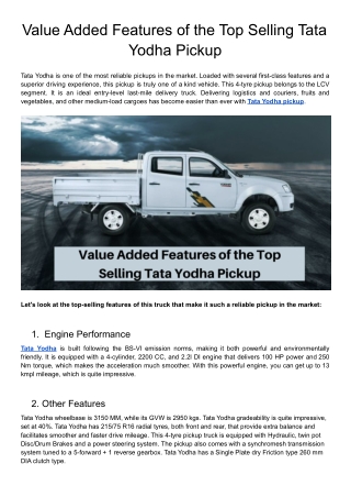 Value Added Features of the Top Selling Tata Yodha Pickup