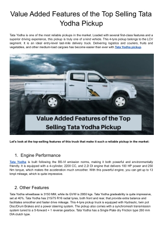 Value Added Features of the Top Selling Tata Yodha Pickup