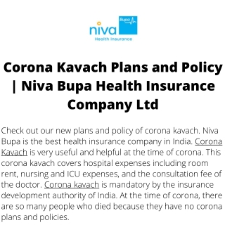 Corona Kavach Plans and Policy  Niva Bupa Health Insurance Company Ltd