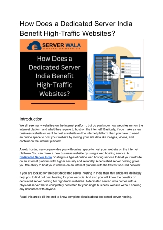 How Does a Dedicated Server India Benefit High-Traffic Websites_