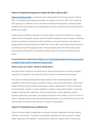 Vitamin D Testing Market Augmented to Obtain USD 1481.9 million by 2027