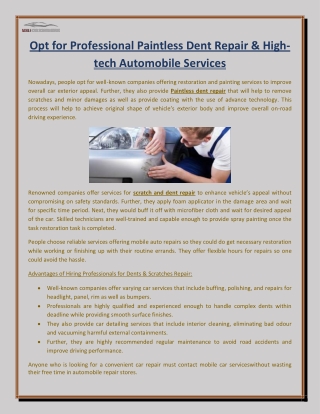 Opt for Professional Paintless Dent Repair & High-tech Automobile Services