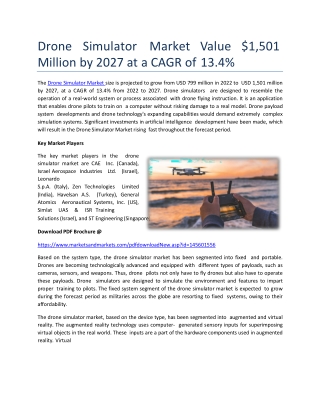 Drone Simulator Market Value $1,501 Million by 2027 at a CAGR of 13.4%