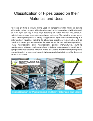 Classification of Pipes based on their Materials and Uses