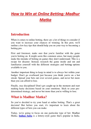 How to Win at Online Betting Madhur Matka