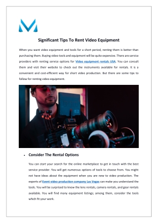 Significant Tips To Rent Video Equipment