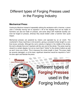 Unique Forgings - Different types of Forging Presses used in the Forging Industry