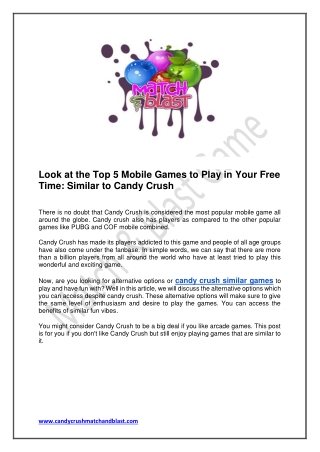 Top 5 Mobile Games to Play in Your Free Time- similar to Candy Crush