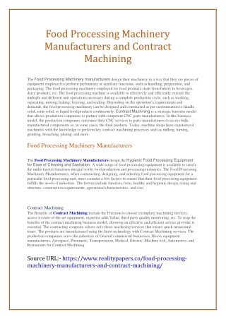 Food Processing Machinery Manufacturers and Contract Machining