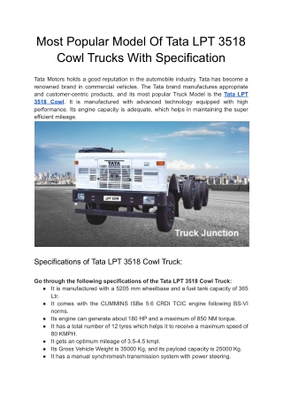 Most Popular Model Of Tata LPT 3518 Cowl Trucks With Specification