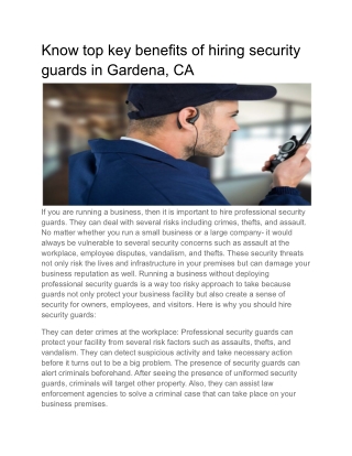 Know top key benefits of hiring security guards in Gardena, CA