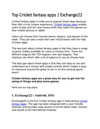 Cricket fantasy apps - Exchange22