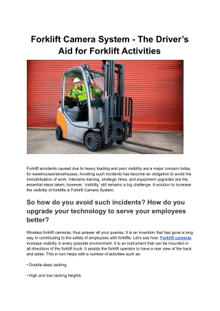 Forklift Camera System - The Driver’s Aid for Forklift Activities