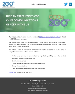 HIRE AN EXPERIENCED CCO CHIEF COMMUNICATIONS OFFICER IN THE US