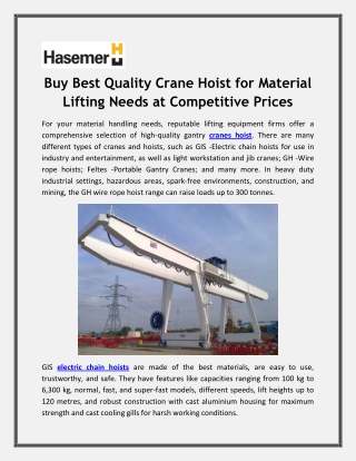 Buy Best Quality Crane Hoist for Material Lifting Needs at Competitive Prices