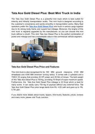 Tata Ace Gold Diesel Plus: Best Mini Truck in India