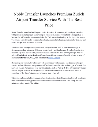 Noble Transfer Launches Premium Zurich Airport Transfer Service