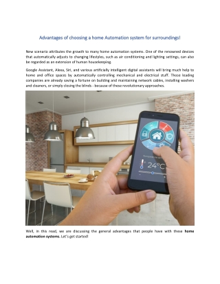 Advantages of choosing home Automation system for surroundings