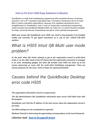 Find The Best Solution Of QuickBooks Error Code H505 -  1(855)-738-0359